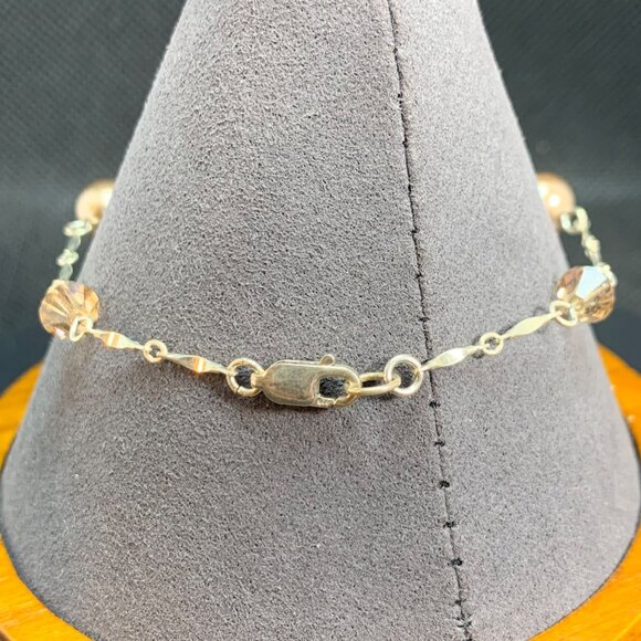 VTG Sterling Silver Champagne Faux Pearl Swarovski Crystal Station Bracelet 7.5" - Picture 3 of 11